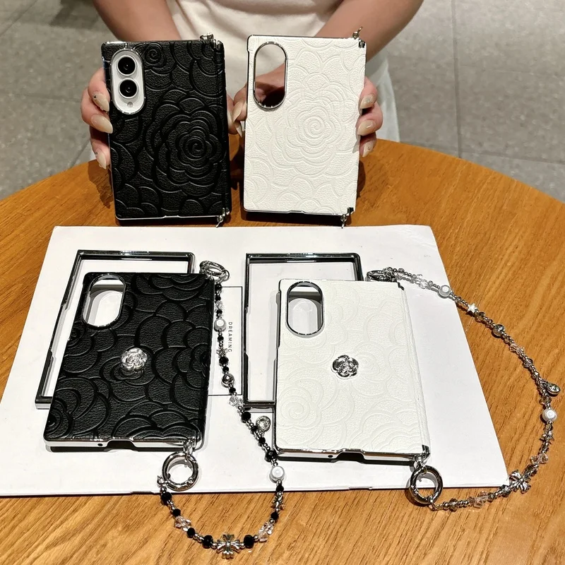 Lens Camellia Flower Leather Phone Case For Samsung Galaxy Z FOLD8 Shockproof Cover for Women With Bracelet