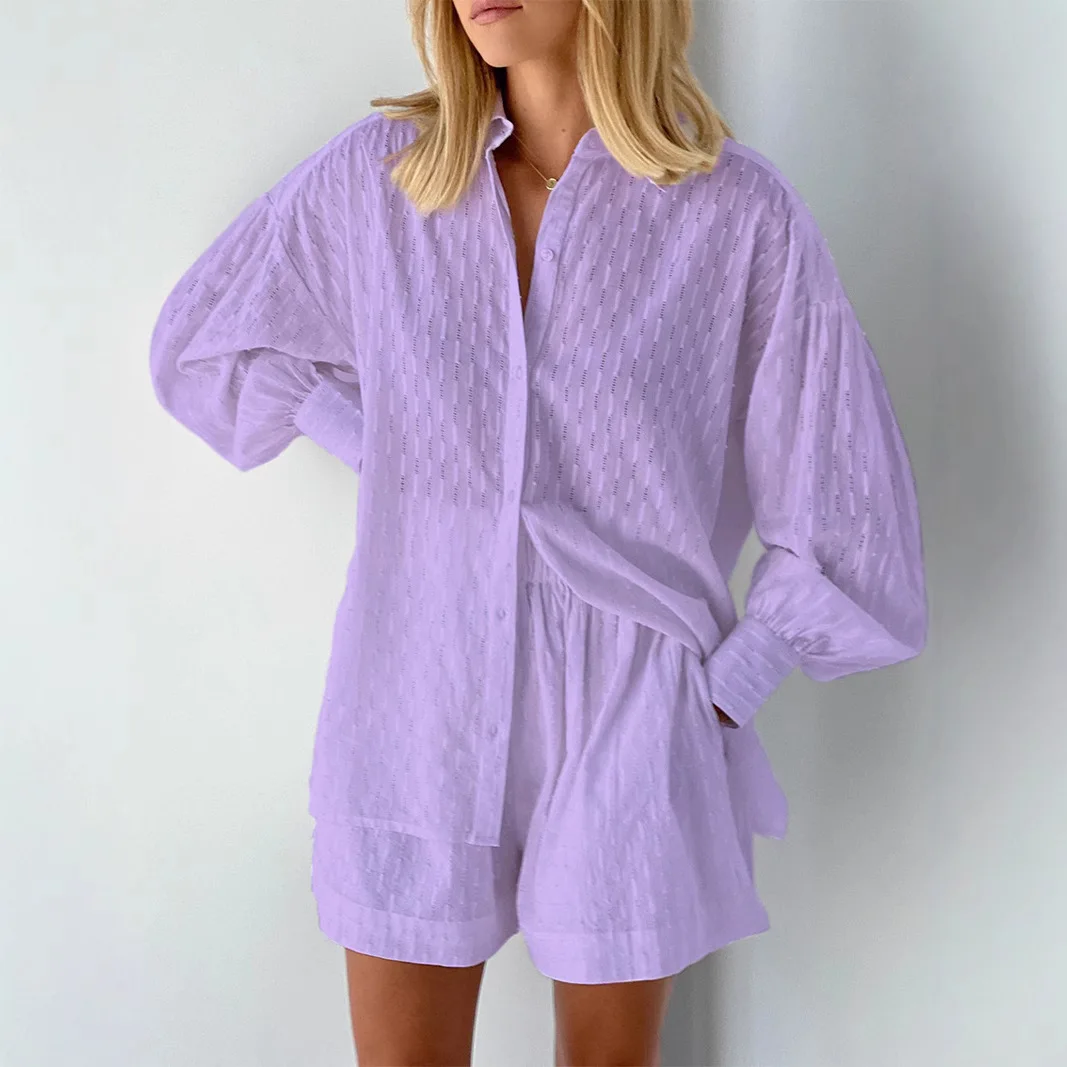 

Women Jacquard Puff Sleeves Two Piece Sets for Summer Fashion Loose Shorts and Long Sleeved Shirt Outfits