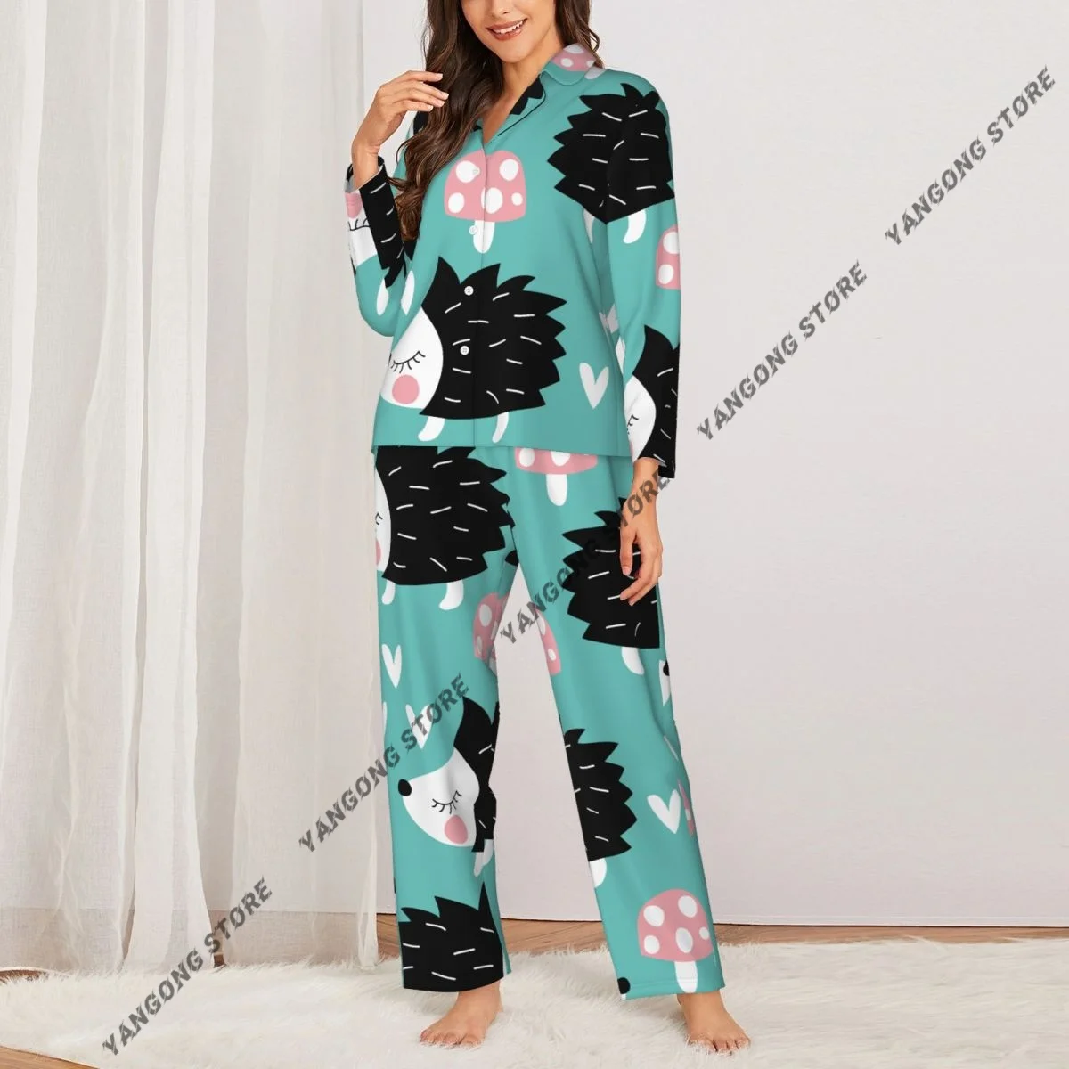 Spring and Autumn Long Sleeve Pants Pajamas Loungewear Set Cute Hedgehogs With Mushrooms Women's Pull Edge Loose Sleeping Suit
