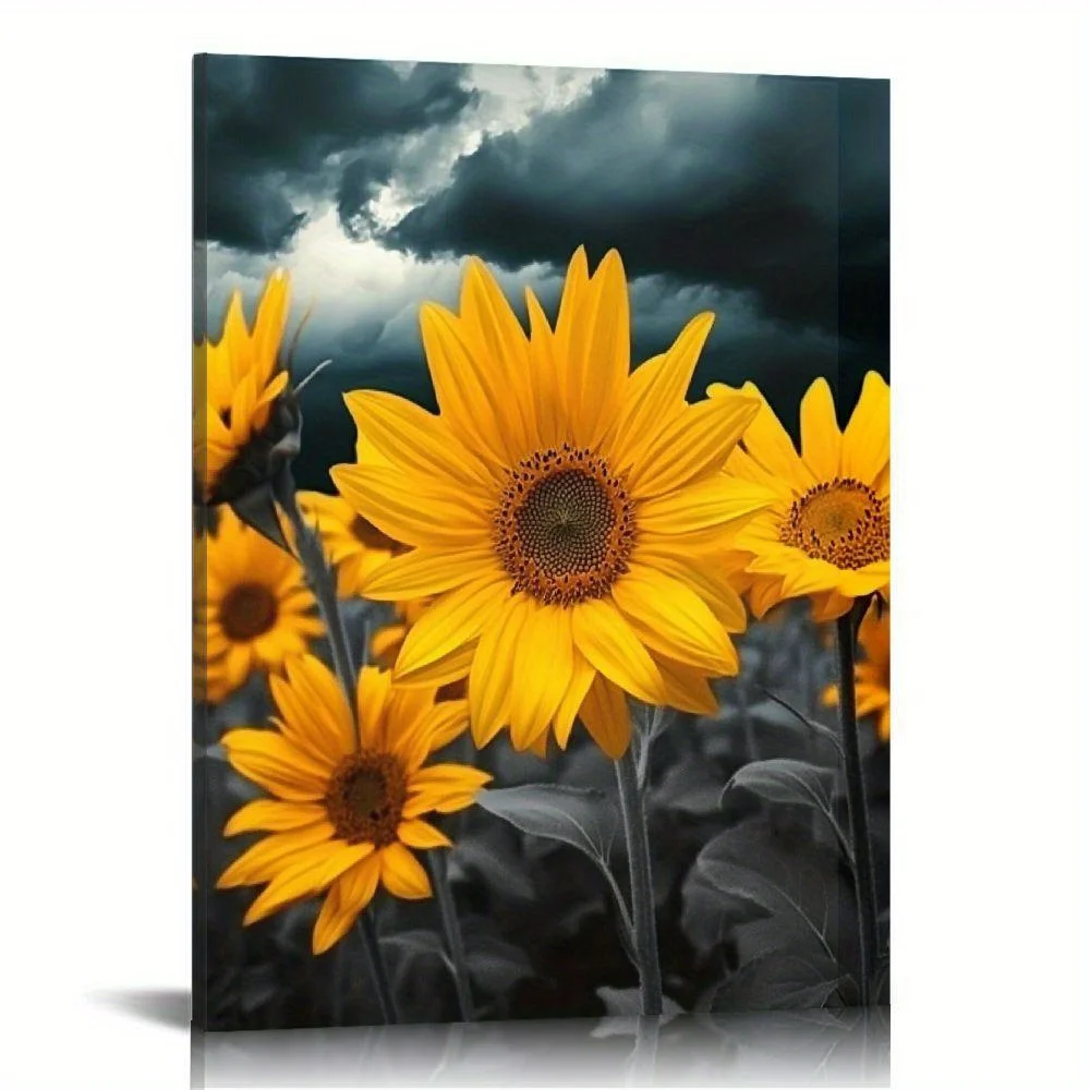 Pintura artística de girasol floreciente, marco de madera decorativo Floral cálido y esperante, energía positiva, marco de lienzo para espacio del hogar, 1 ud.