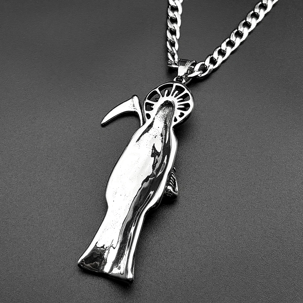 Holy Saint Death Santa Muerte Grim Reaper Pendant Necklace for Women Men Stainless Steel Silver Color Sickle Skull Jewelry Gift