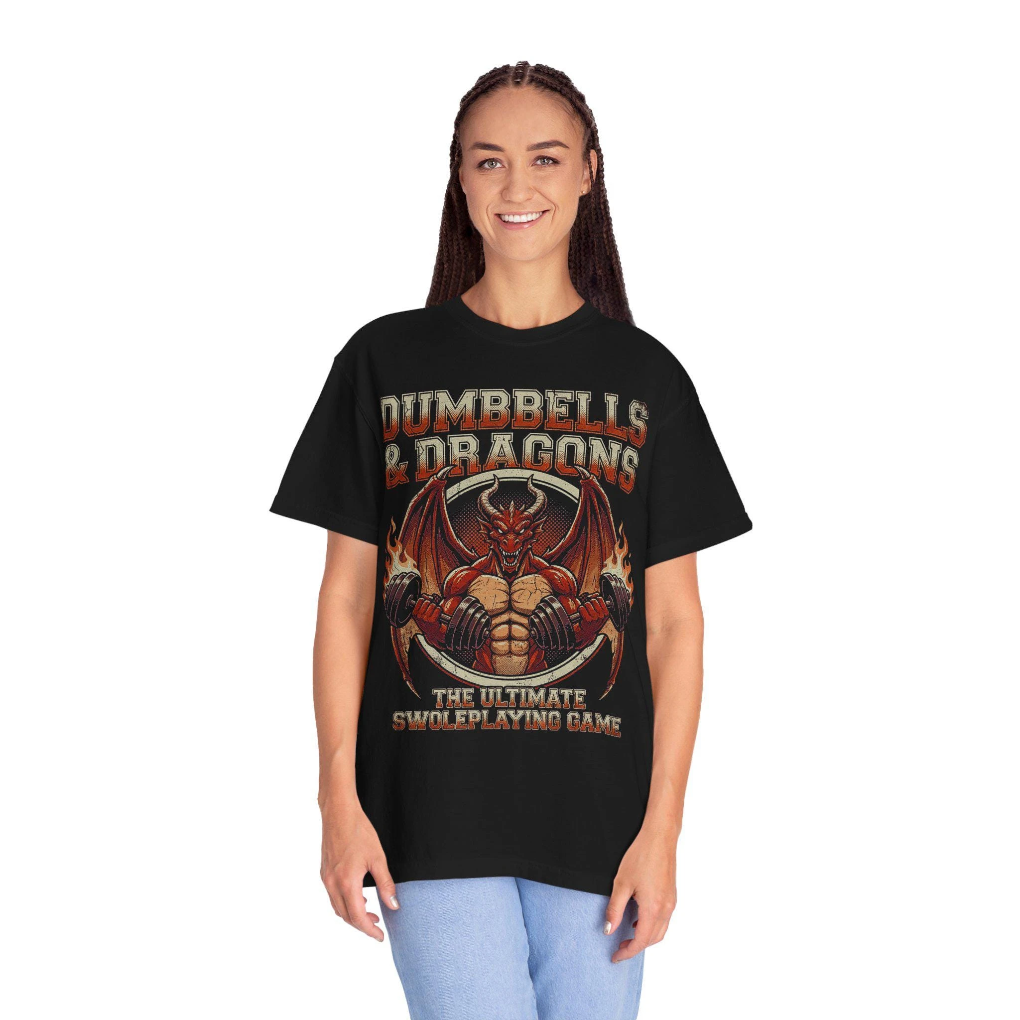Dumbbells and Dragons T-Shirt | Dungeons & Dragons Gym Parody High Quality Printed Round Neck T-shirt