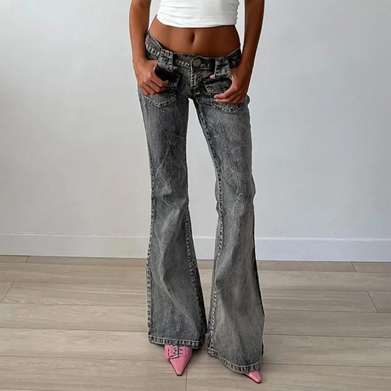 DistMurcia-Jean Bootcut Taille Basse en Denim Délavé Vintage, Pantalon Évasé avec Poches Patchwork, Slim Fit et Polyvalent Slim Fjj