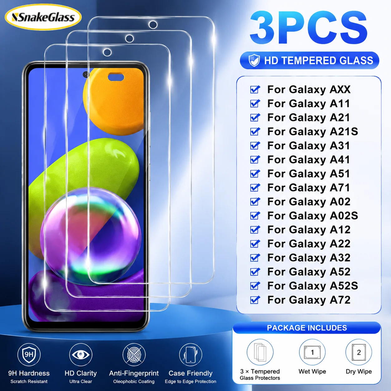 3PCS HD Tempered Glass for Samsung Galaxy A90 A80 A52 A72 A02S A12 A22 A32 5G A51 A41 A31 A21 A21S A11 A01 A71 Screen Protector