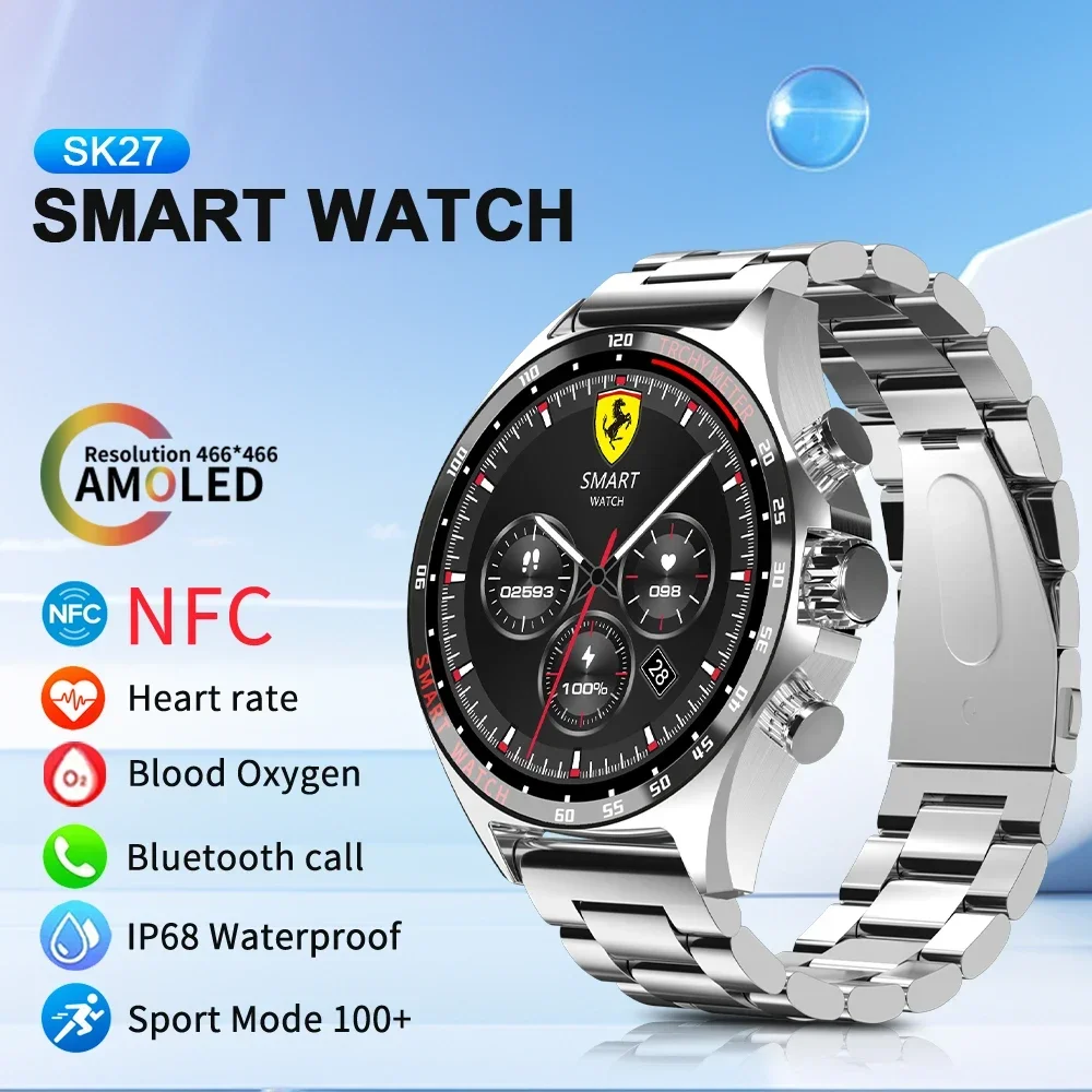 2024 New Men's SK27 Smart Watch - Bluetooth Call NFC Access Control Health Monitoring GPS Compass Waterproof for Sports