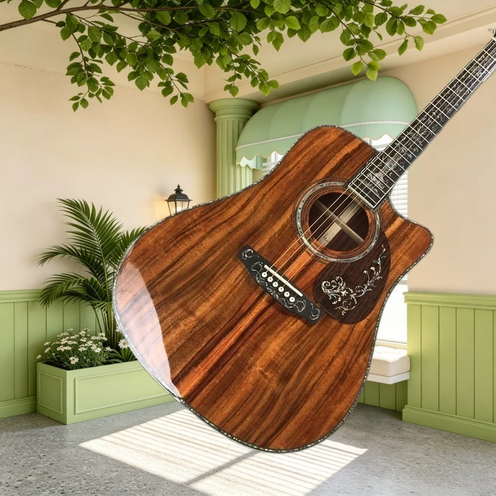 D-45 All Koa Wood Cutaway Acoustic Guitar Full‑Circle Abalone Binding Ebony Fingerboard Guitar Musician Recording & Performance