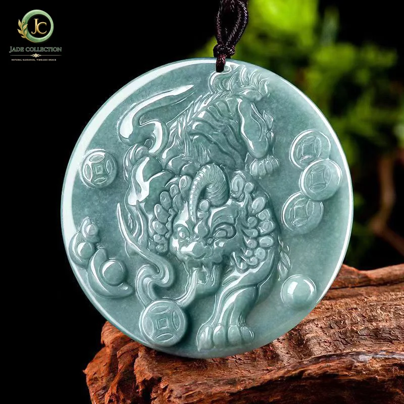 NaturalAJadeite blue water jade Pixiu pendant, auspicious jade animal, men's and women's pendant