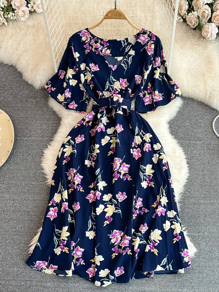 INS mujeres verano cuello pico estampado floral vendaje plisado vestido largo casual fiesta cintura alta vestido de fiesta elegante Vestido de playa