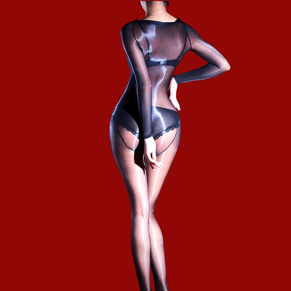 Women 3D Thin 1000 PIN High Density Bodysuit Sheer See Through One-Pieces Thong Oil Shiny Elastic Tights Shaping Maid Leotard