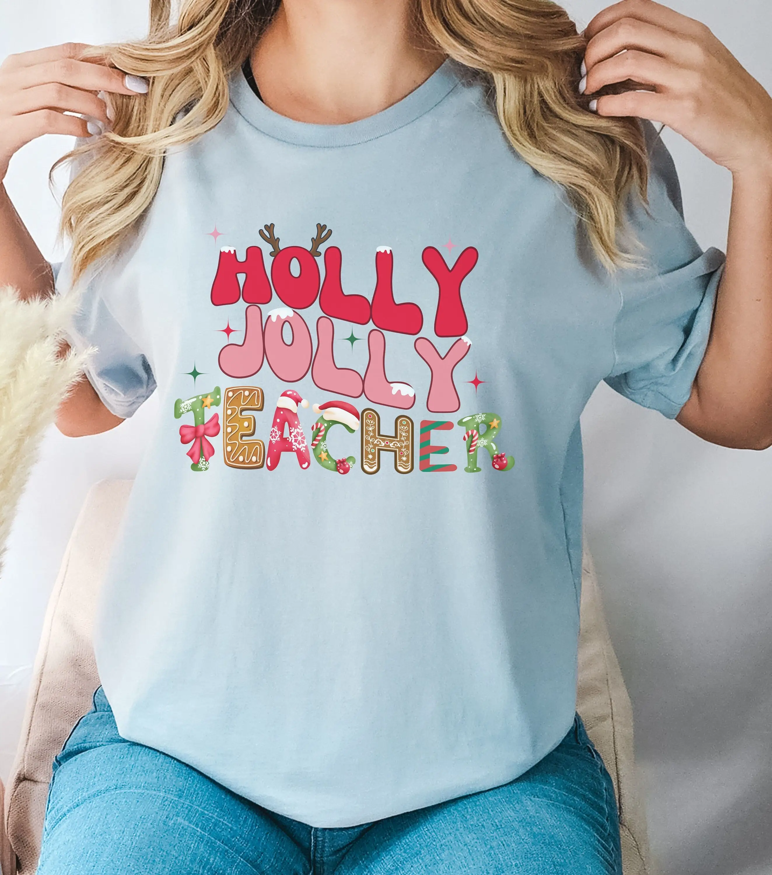 Holly Jolly Teacher T Shirt Christmas Second Grade First Third Cute Science