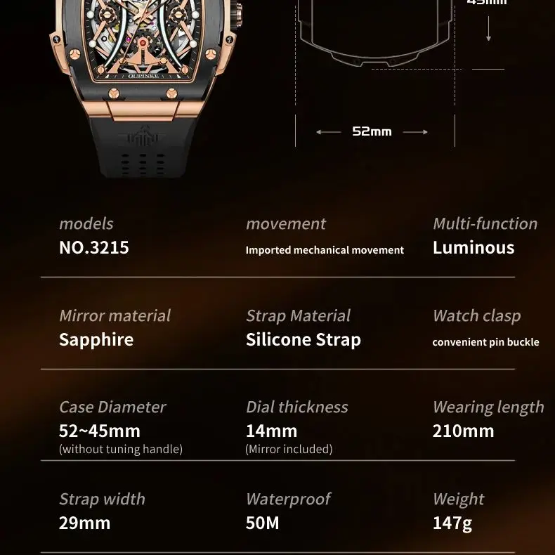 OUPINKE 3215 Silicone Strap Men\'s Watches Imported Movement（MIYOTA）Automatic Mechanical Watch for Man Hollow Out Watch Men