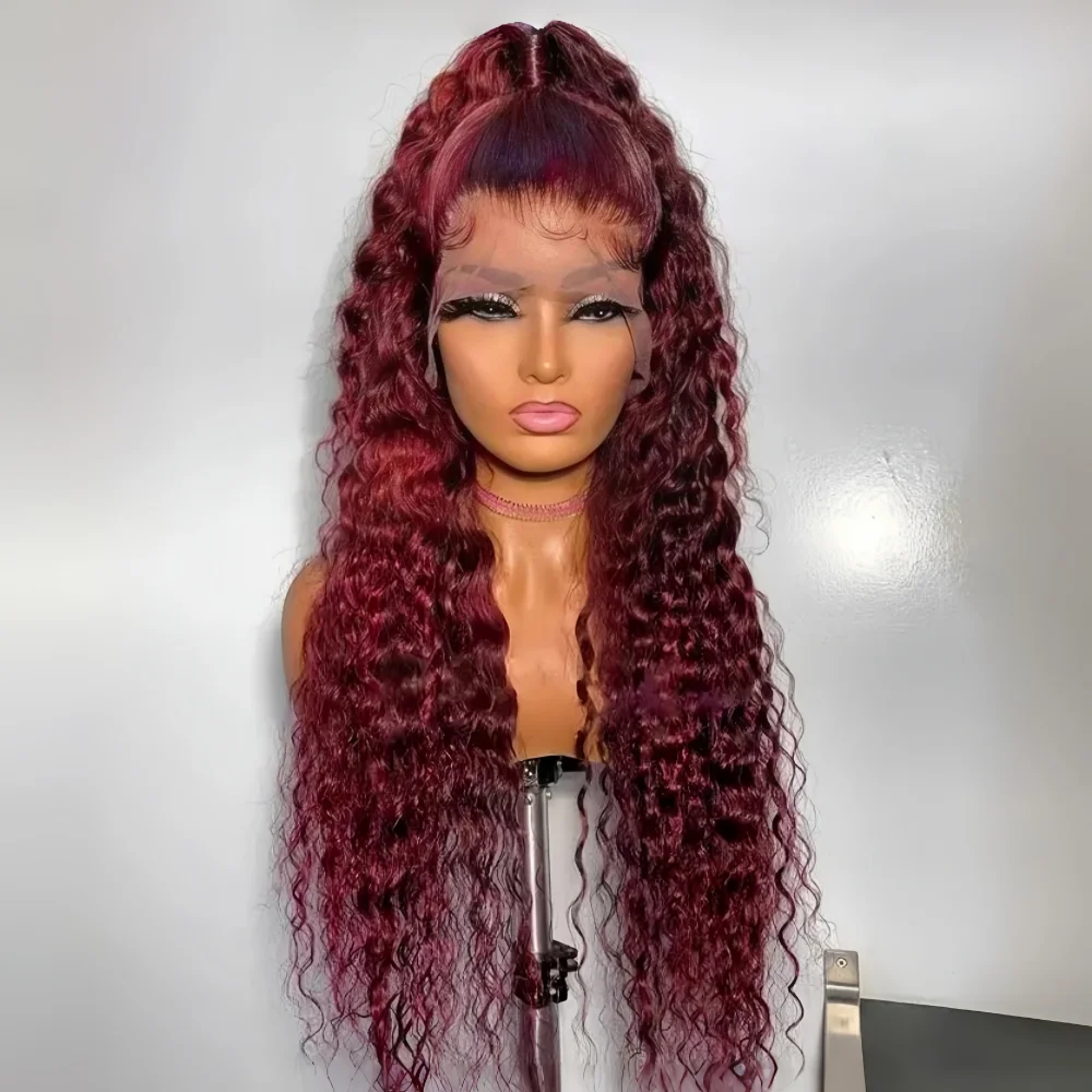 

26-дюймовые парики с кружевной передней частью, 180% плотности, цвет 99j, кудрявые, с эффектом натуральных волос, для женщин, из синтетического волокна, устойчивого к высоким температурам, для повседневной носки.