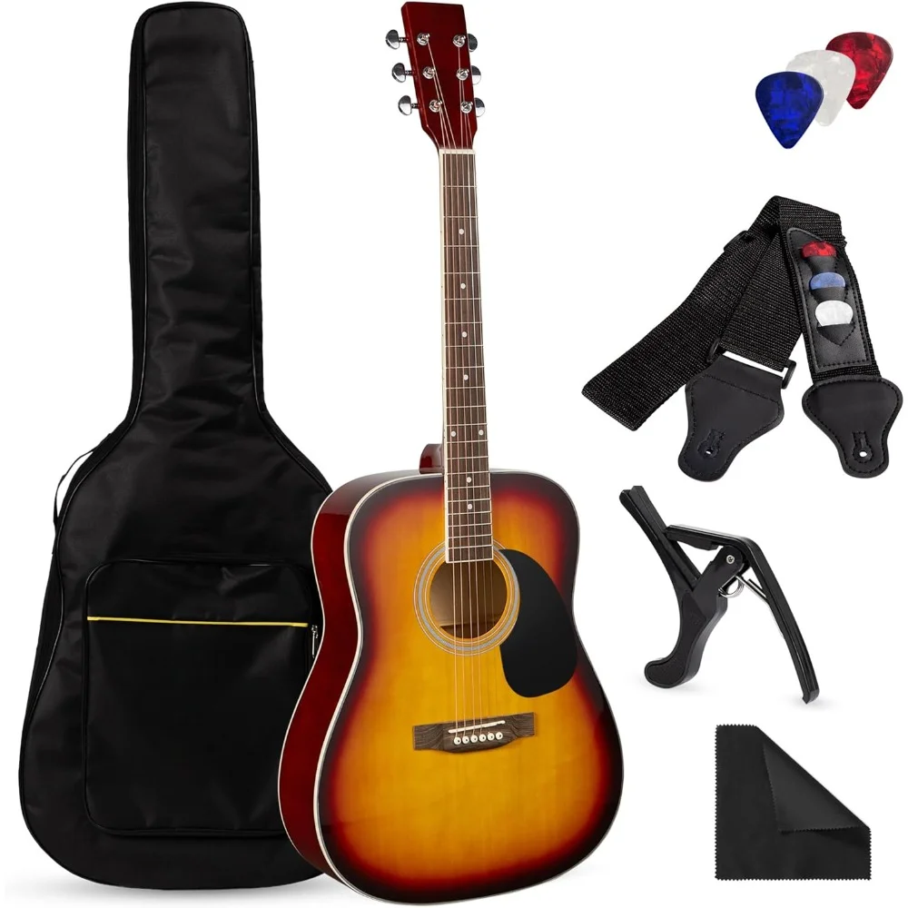 

41in Full Size Beginner All Wood Acoustic Guitar Starter Set w/Case, Strap, Capo, Strings, Picks - Sunburst Freight free