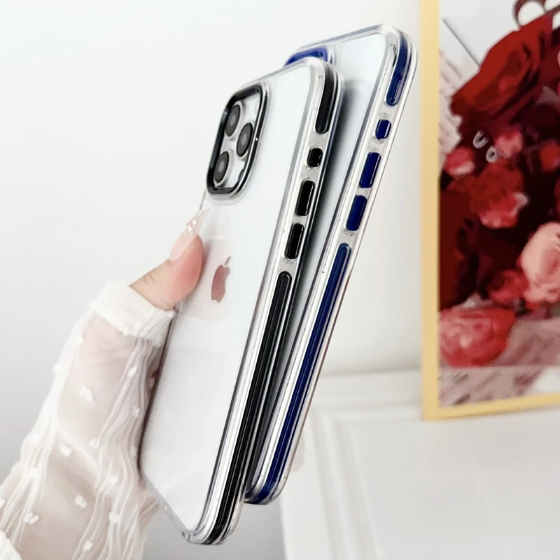 Shockproof Phone Case for iPhone 15 14 13 Pro Max PC Hard Bumper Transparent Back Cover with Metal Camera Ring