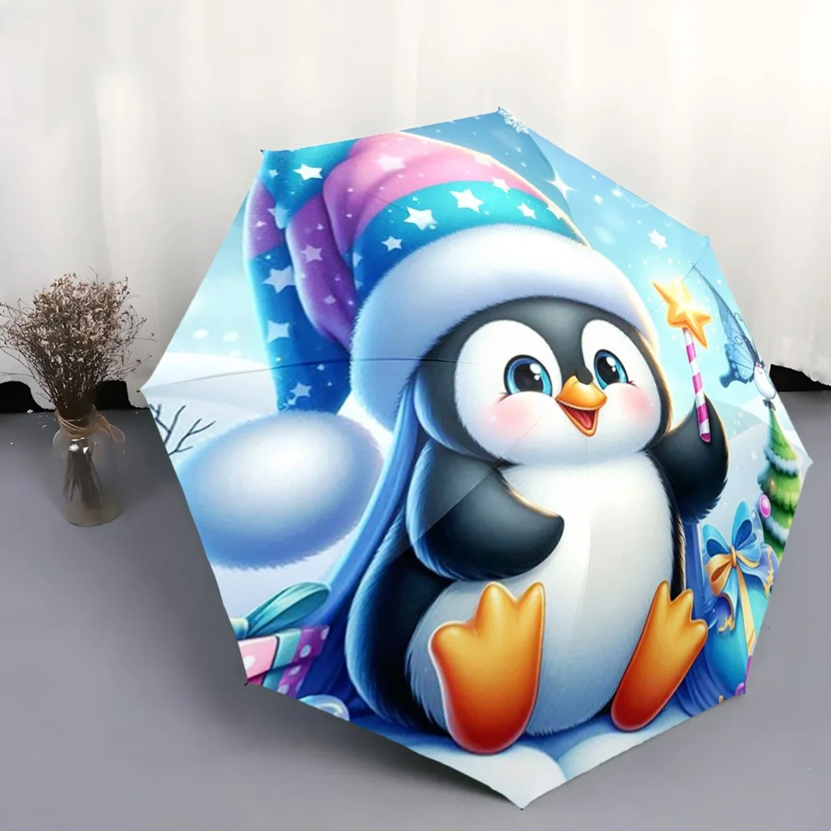 

Automatic Open/Close Umbrella with Cute Penguin - Compact Folding Umbrella, Portable Travel Umbrella with 8-Rib Strong Frame,
