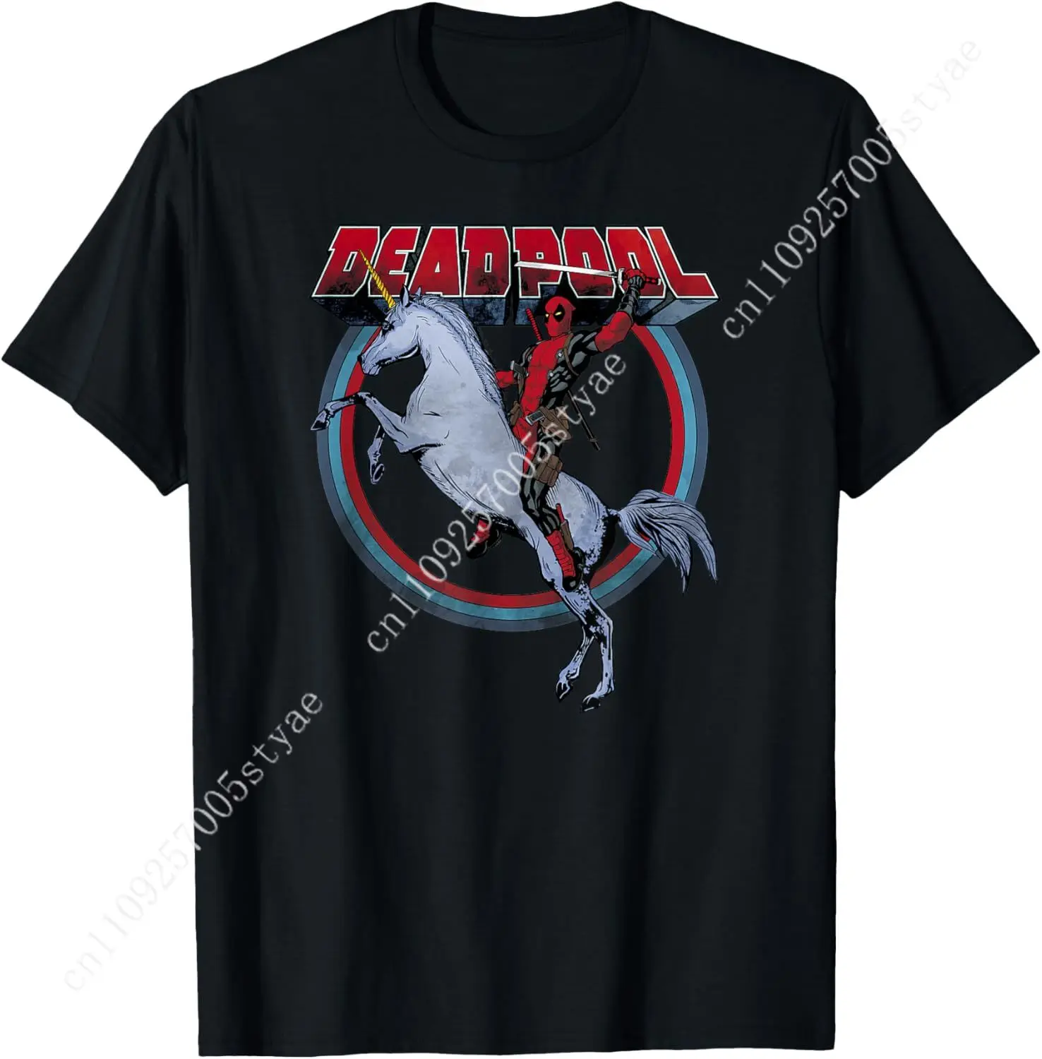 

Marvel Deadpool MERC Riding A Unicorn Rainbow Circle T-Shirt Small