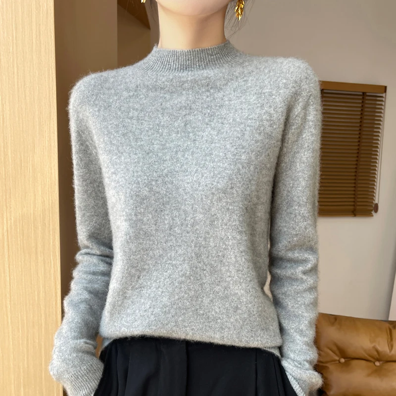 Women\'s Cashmere Knitted Sweater 100% Merino Wool Half High Collar Long Sleeve Pullover Elegant Warm and Unique Top High Quality