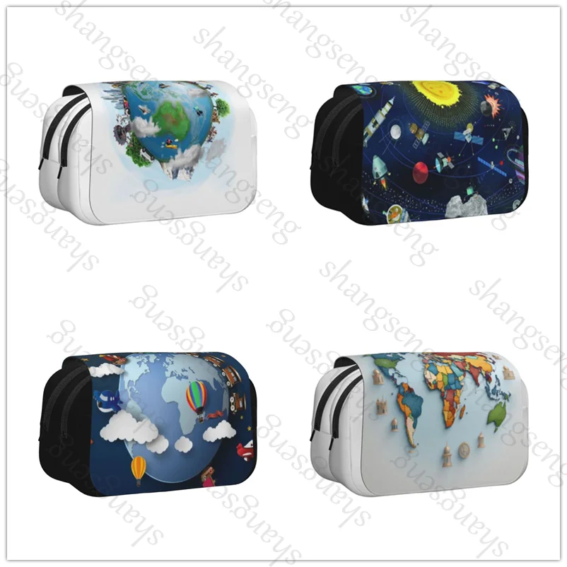 

World Landmarks Pattern Pen case Pencil Box Double Flip School Supplies Children's Pencil Box Storage Cosmetic Bag Student Gift