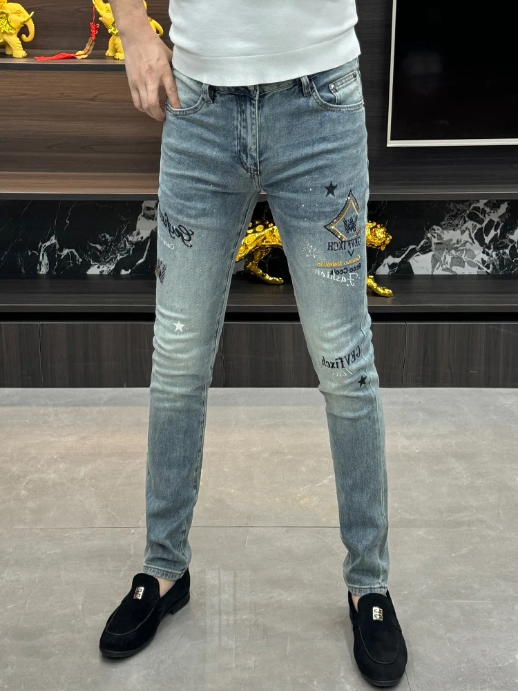 

Elegant Embroidered Slim Fit Jeans Men's Fashionable Summer High Waist Machine Embroidery Rhinestone Youthful Straight Leg Pants