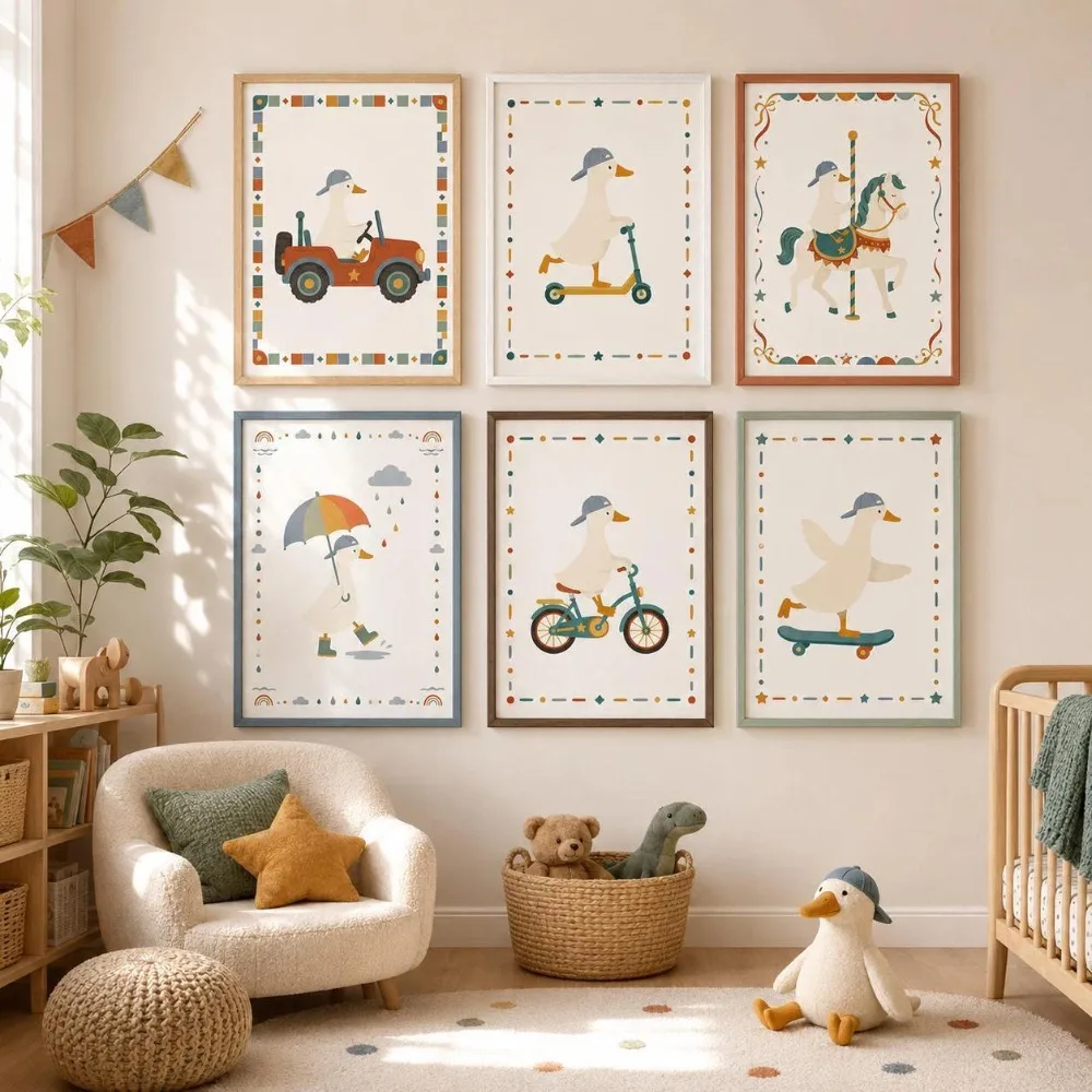 Frameless Goose Nursery Wall Art,Whimsical Skateboard Duck Prints,Retro Traffic Decoration, Colorful Room Posters, Game Room Art
