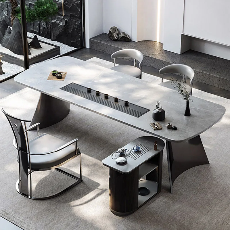 

Italian slate tea table, modern light luxury stainless steel kung fu tea table, high-end office large slab tea table and chair