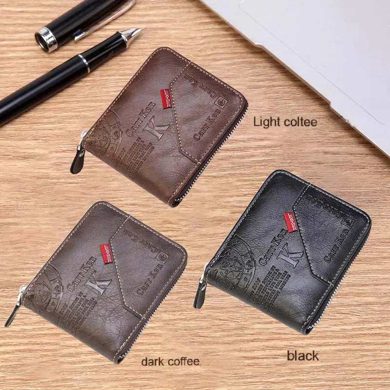 Men's PU Waxed Oil Leather Wallet Short Bifold Coin Purse with All-Around Zipper for Cash And Cards