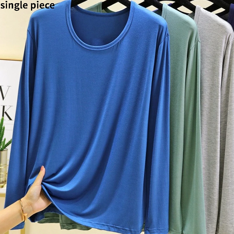 Modal Men's Long Sleeved T-Shirt Spring Round Neck Base Shirt Plus Loose Solid Color Top Pajamas Youth Sleepwear Homewear