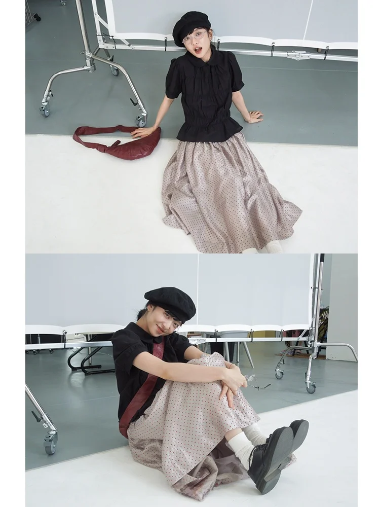 

Bla Pleated ort Sve Doll Collar irt for Women Summer Anti-Aging Skin-friendly Breathable Commute Sle Loose Fit