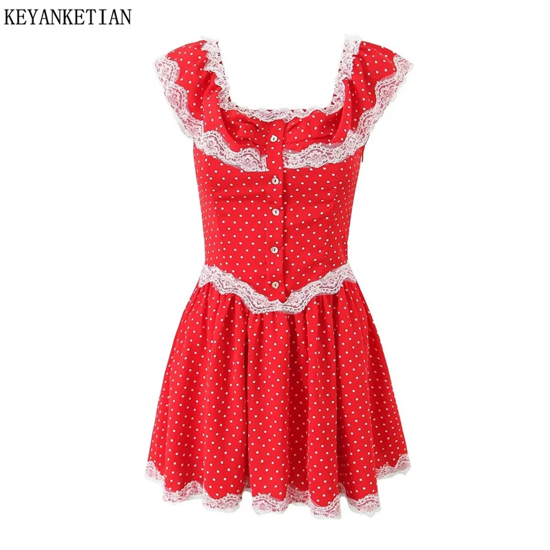 

KEYANKETIAN 2024 New Launch Women's Tiered Lace Decoration Polka dot dress Summer Lolita Style Slash neck Slim Party Mini dress