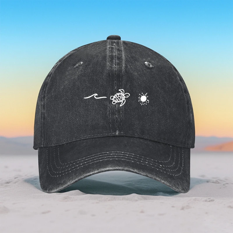 Summer New Trendy Unisex Sun Hat with Wave and Sea Turtle Print, Breathable Adjustable Baseball Cap for Outdoor Sports & Casual