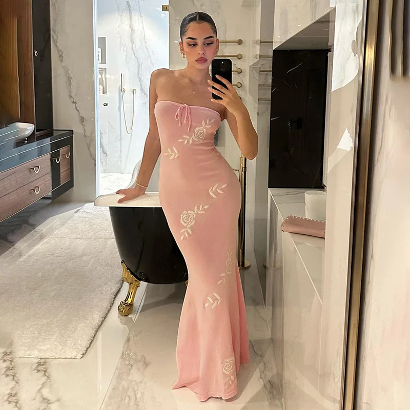 Elegant Women Tube Bodycon Long Dress Fashion Rose Embroidery Bow Boat Neck Backless Sleeveless Strapless Maxi Dresses Party