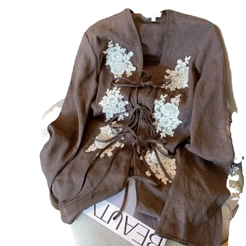 

Spring Summer Retro Shirt Women 2026 New Fashion Loose Casual Bell-Bottomed Sleeve Tops V-Neck Frenulum Blouse Female