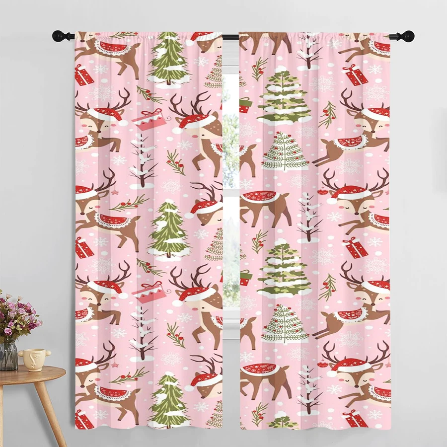 2PCS Christmas Curtains, Pink Reindeer Trees, Digital Print, Bedroom Living Room Kitchen, Rod Pocket Polyester, Home Decor