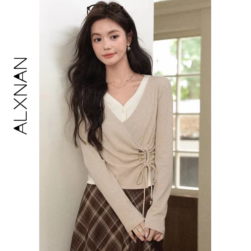 ALXNAN T-shirt a maniche lunghe da donna Design asimmetrico Coulisse Cravatta Dettaglio Autunno Nuovo scollo a V Ritagliata Falsa Top in due pezzi L569112