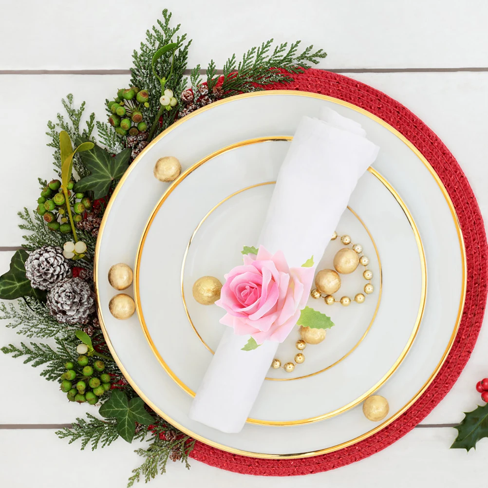 

6PCS Napkin Elegant Napkin Clasps For Hotel Rose Design for Wedding Banquet Bright Plastic Linen Table Settings
