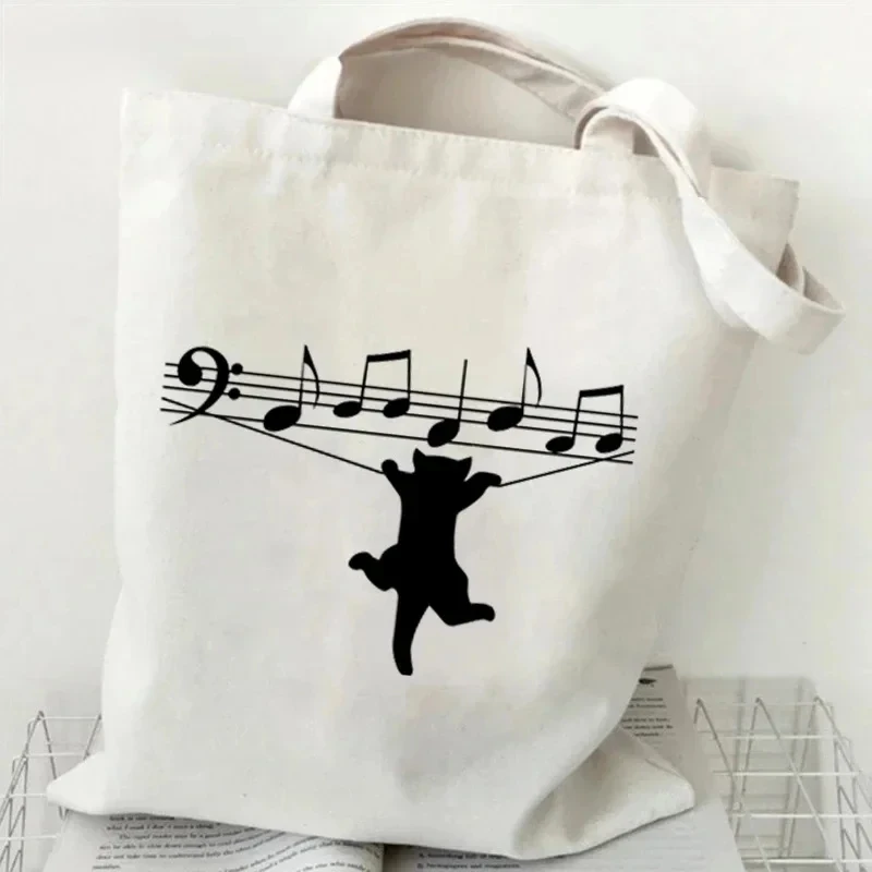 Fashion Music Symbol Cat Ladies Canvas Tote Casual Shoulder Bag Eco Large Capacity Portable Travel Shopping Bag Schoolbag