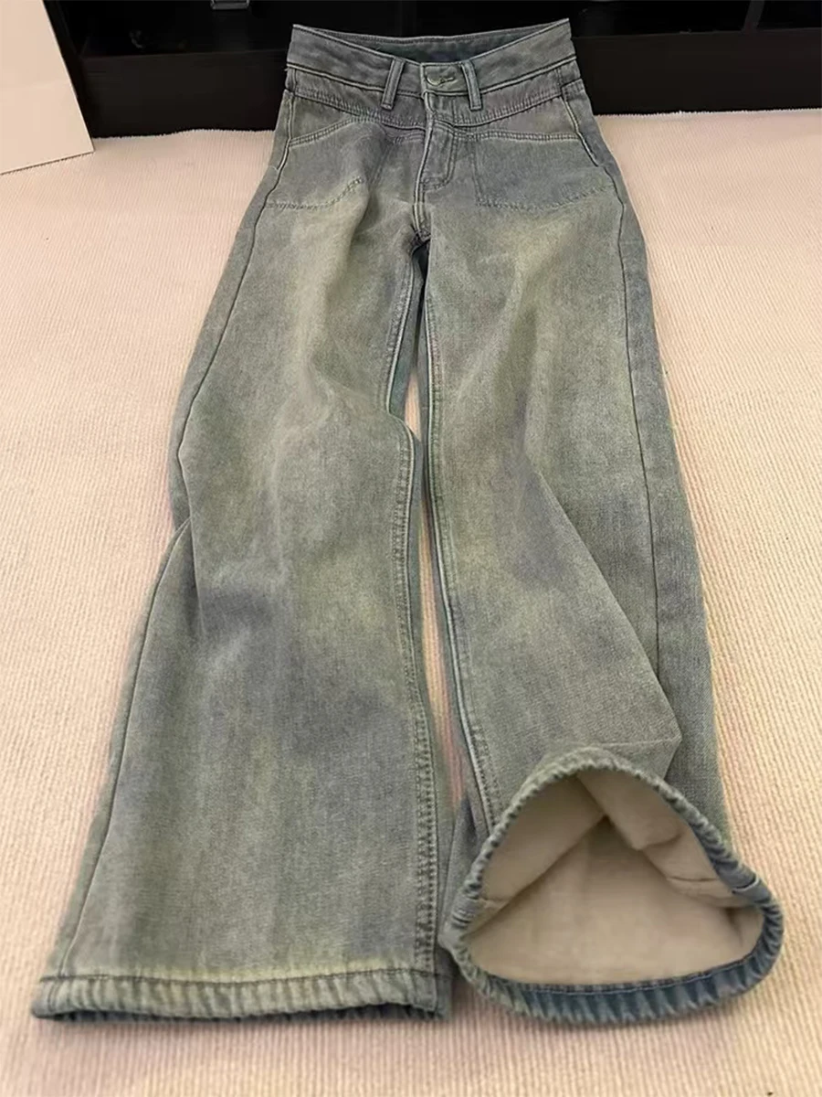 

plus Size Fce Lined Thi Denim Pants Women Winter Wide Leg High Waist Slimming Straight Cut Trousers Casual Blue Jeans