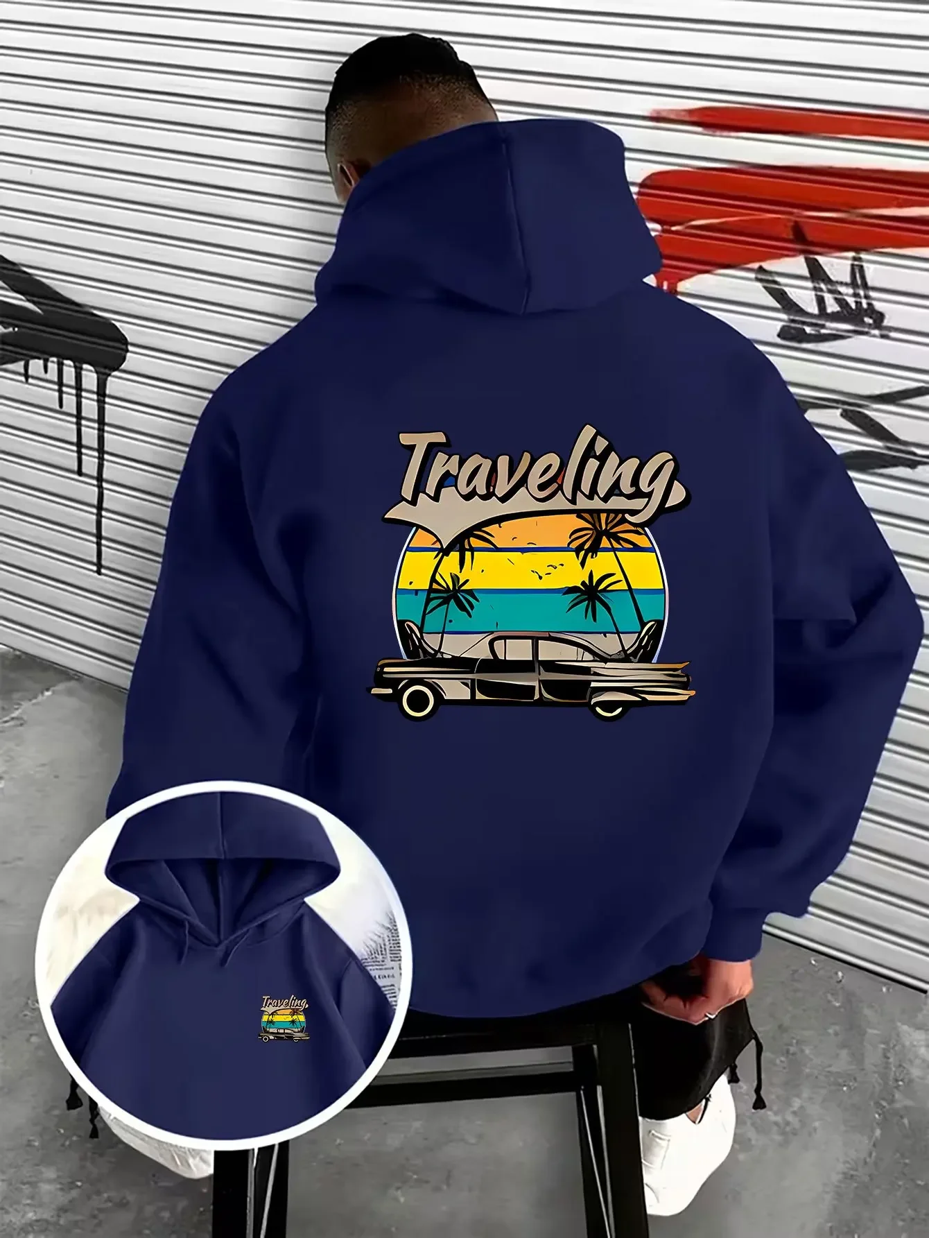 Korea Viral Retro Hawaiian Beach Old Car Travel Letter Double Sided Print Hoodies Street Long Sleeve Tops