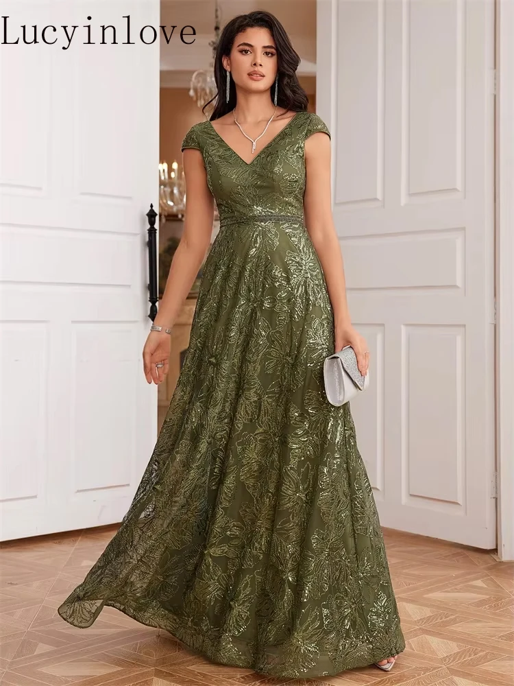 

Lucyinlove новое роскошное зеленое вечернее платье с v-образным вырезом и блестками, элегантное длинное женское платье с v-образным вырезом на спине, длинное коктейльное платье для свадебной вечеринки