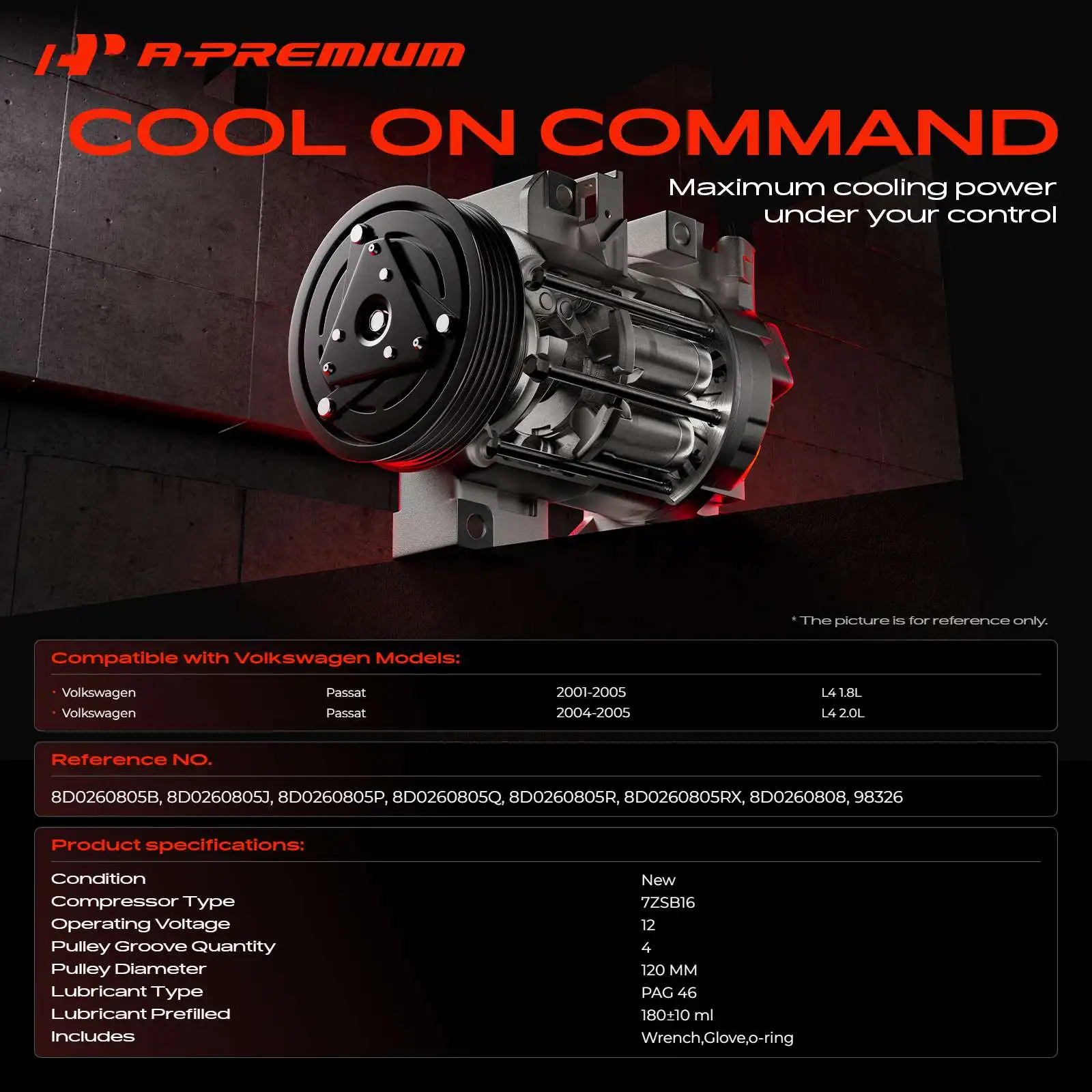 A-Premium AC Compressor with Clutch & 4-Groove Pulley for Volkswagen Passat 2001-2005