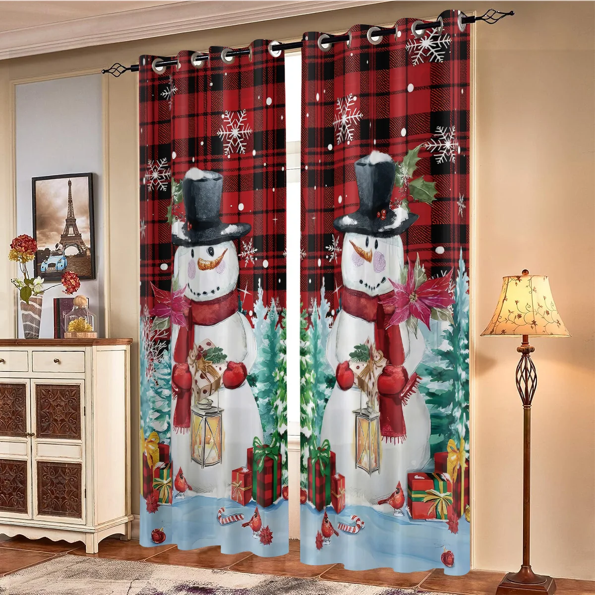 2 Stück Verdunkelungsvorhänge mit Weihnachtsschneemann-Aufdruck, mehrere Größen, Wohnzimmer, Urlaub, Isolierung, Dekoration, einfache Installation