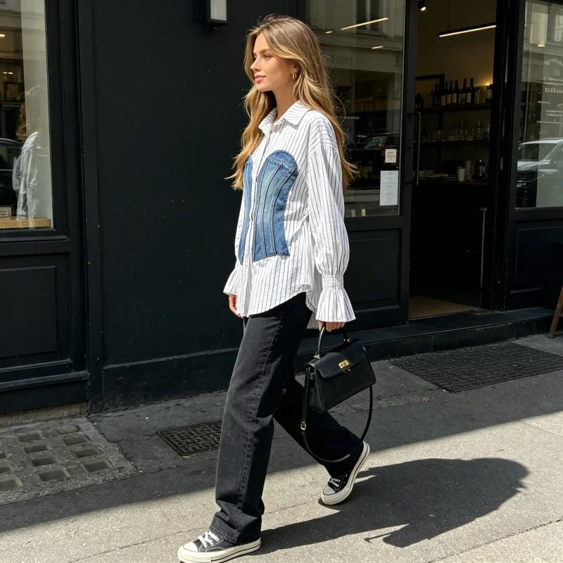 Y2k Shirt Women Denim Single Breasted Patchwork Top Turn Down Collar Washed High Waist Overshirt 2026 Autumn Office Lady Tops