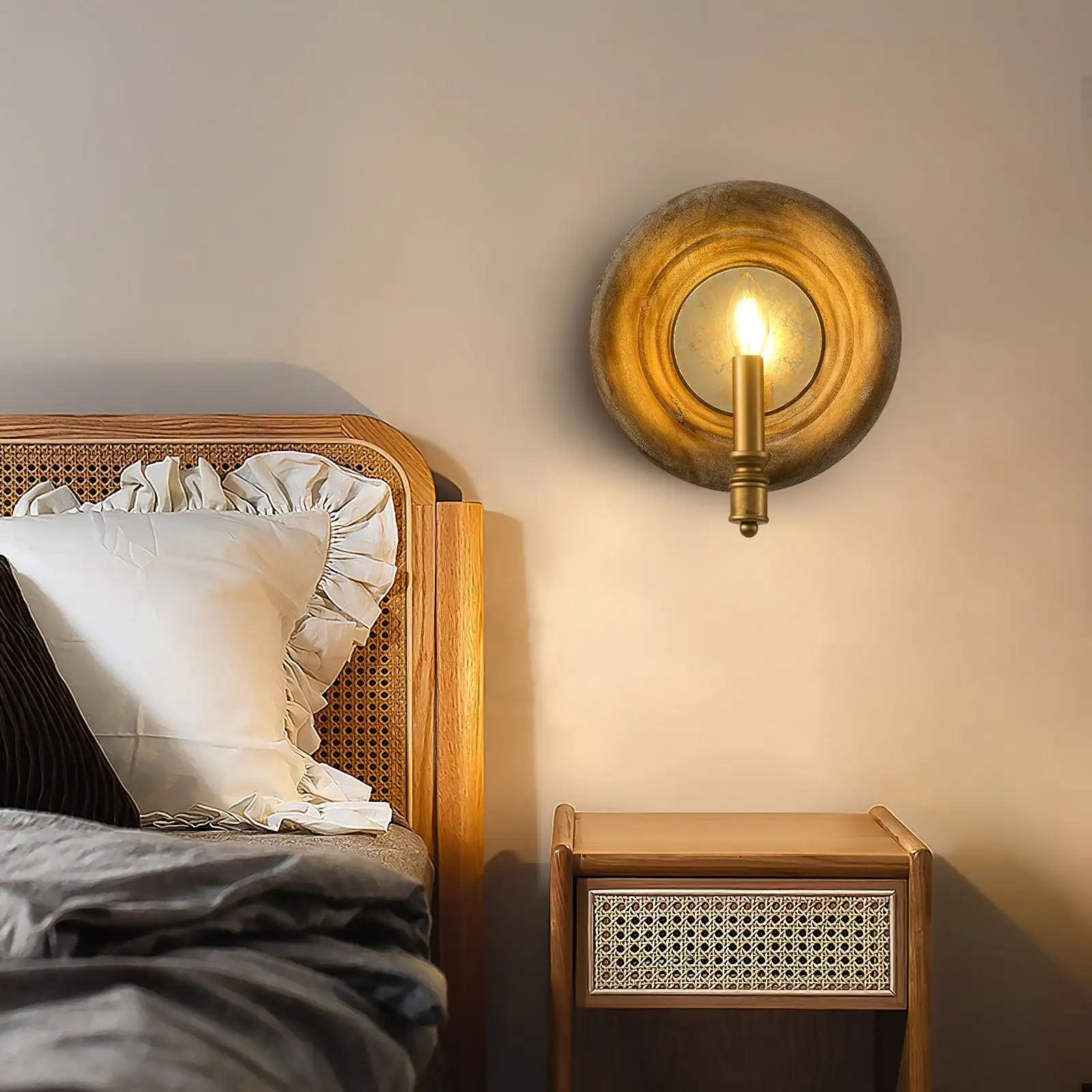 Round Wall Sconce Wood Retro Gold Leaf Luxury Living Room Aisle Light Antique Creative Homestay Decor Cross-Border Candle Lamp