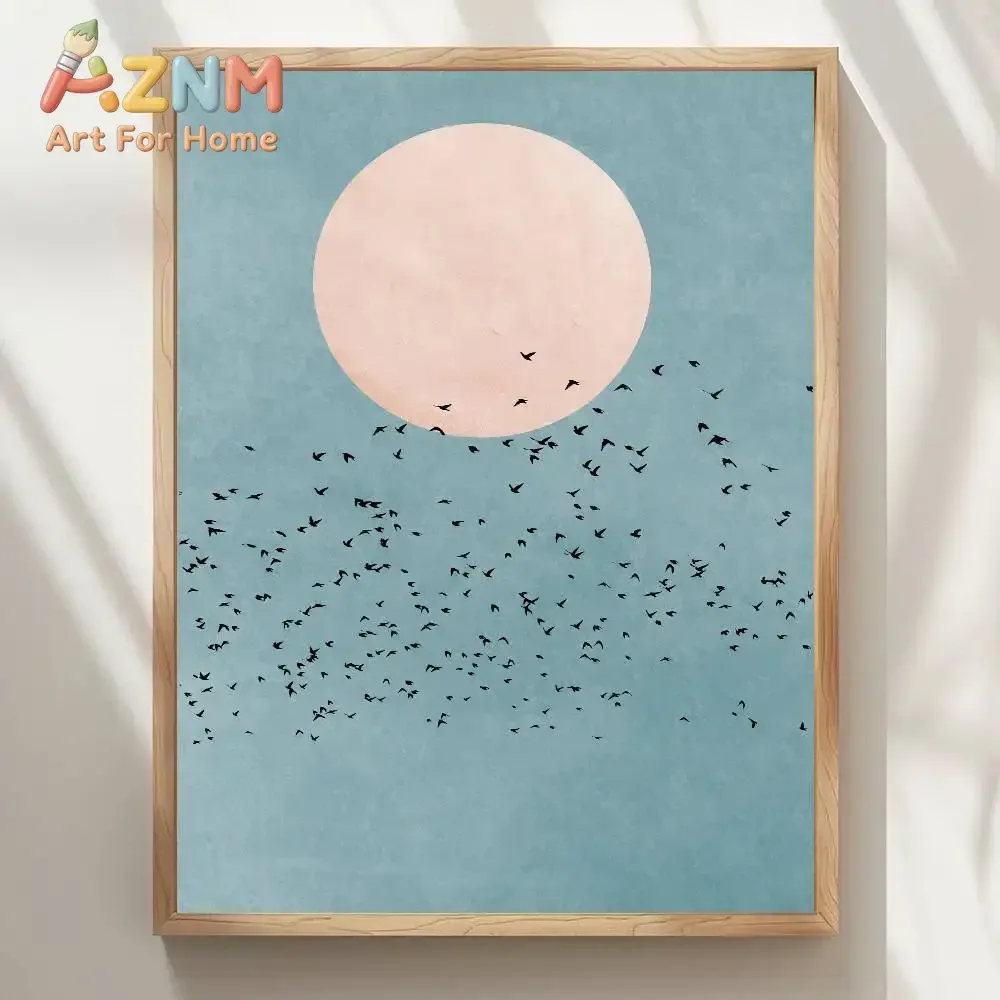 AZNM Pink Sun Flock of Birds Canvas Painting Frameless Wall Art Abstract Sky Nature Poster Living Room Home Decor Print