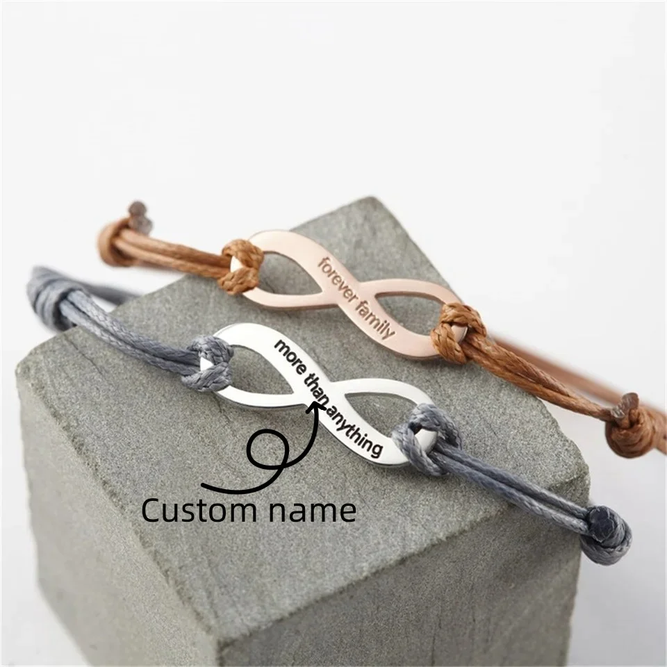 Bracelet personnalisé avec symbole infini, gravure de nom, bracelet en corde, cadeau pour femmes, hommes, couples, bijoux en acier inoxydable