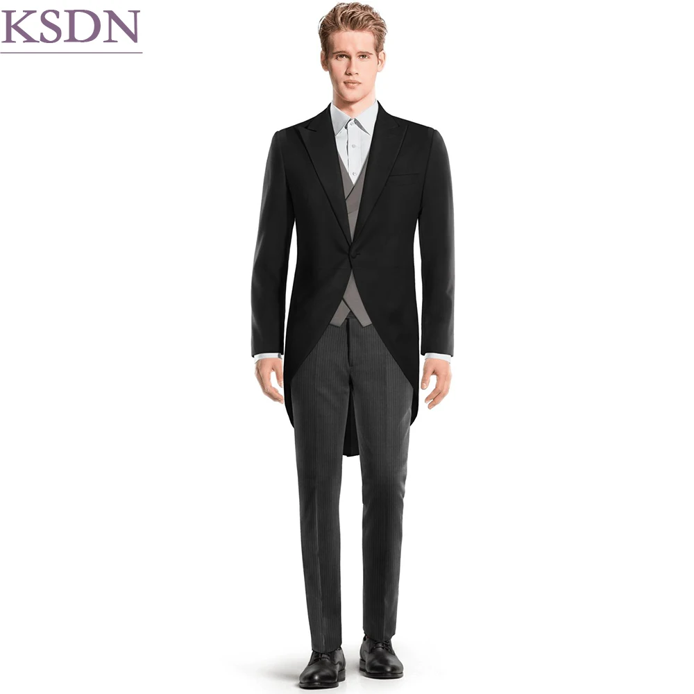 Slim Fit Men's Suits Tuxedos Fashion One-Button Peak Lapel Long Coat Elegant 3 Piece Jacket Pants Vest Customized Wedding Blazer