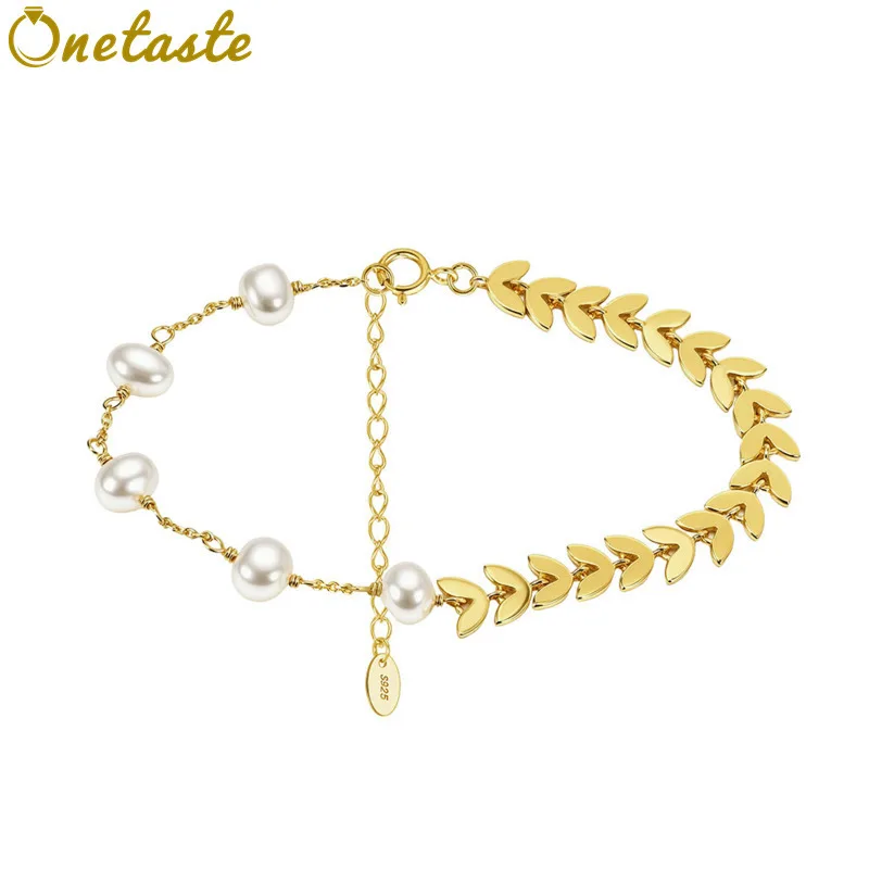 925 Sterling Silver Gold Plated Laurel Leaf Freshwater Pearl Strand Bracelet Luxury Elegant Beaded Bracelets For Women Gift