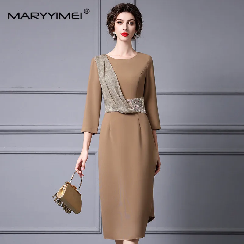 MARYYIMEI Fashion Women\'s 2024 Spring New Elegant Round Neck Three Quarter Sleeved Sequin Irregular Vintage Ball Gown Dress