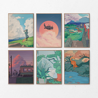 Kawaii Cat in Botanic Garden Lofi Anime-Inspired Wall Art Sky Scenery Prints Cartoon Colored City Landscape Posters Home Decor