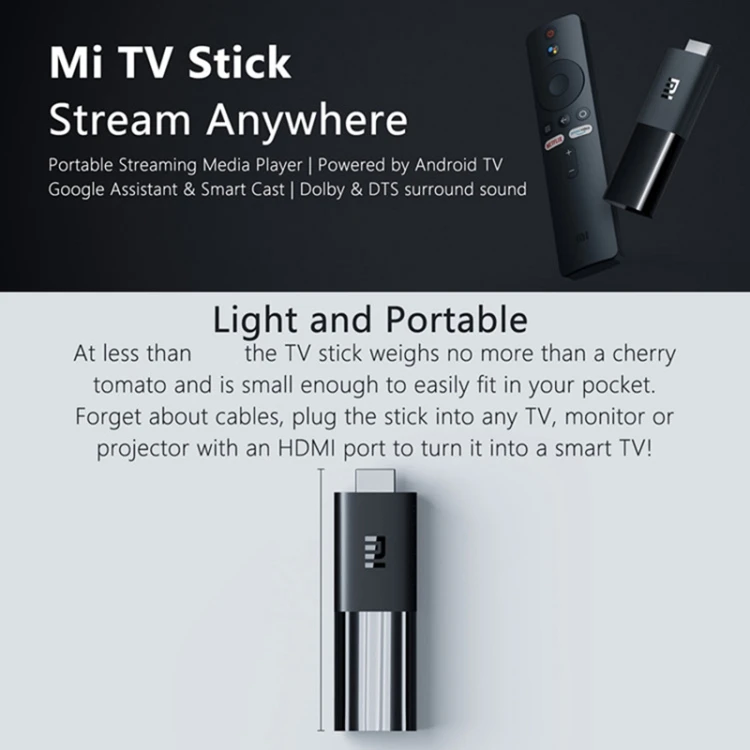 النسخة العالمية الأصلية Xiaomi Mi Android TV Stick رباعية النواة Cotex A53 RAM 1GB + ROM 2GB الاتحاد الأوروبي التوصيل xiaomi Smart TV Sticks